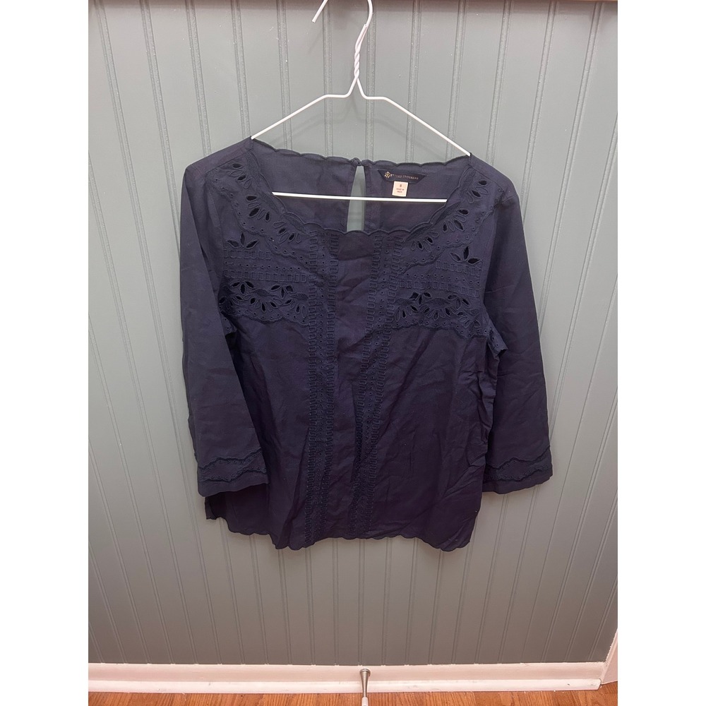 Brooks Brothers Navy Blue Eyelet 3/4 Sleeve Top Blouse Women's Size 8